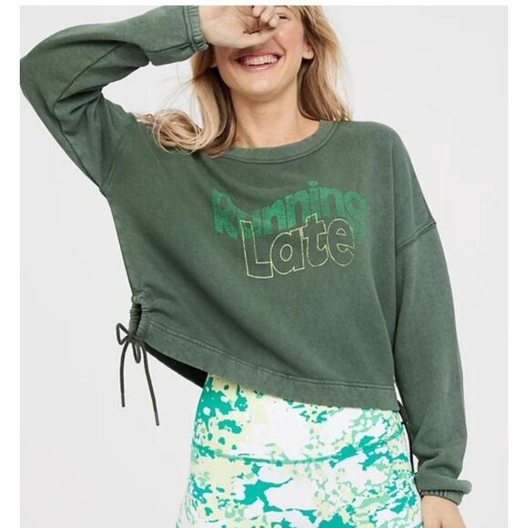 Aerie Running Late Green Graphic Sweatshirt Pullover Crew 100% Cotton Sz M - Picture 1 of 10